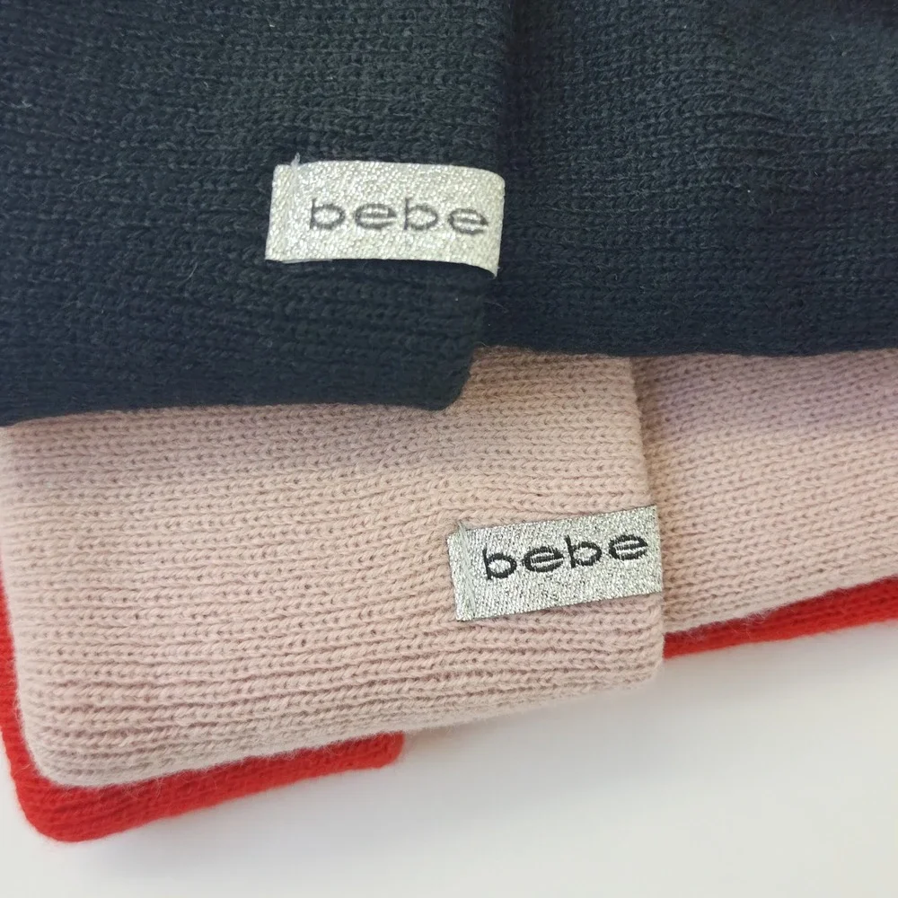 Bebe Beanie Hats 3 Pack Black Red‎ Pink Ribbed Knit Cuffed Winter Cap One Size